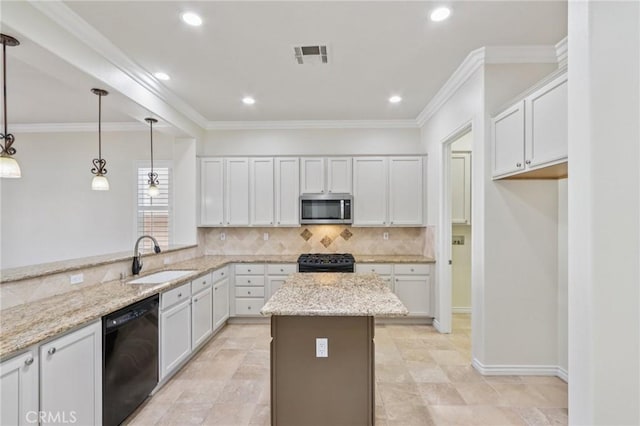 5136 Via Bajamar, Hemet, CA 92545 - kitchen with black appliances, tasteful backsplash, light stone counters, white cabinets, and recessed lighting