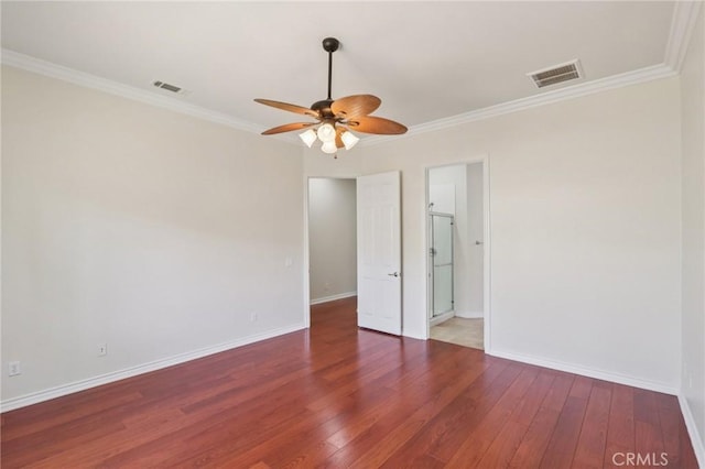 5136 Via Bajamar, Hemet, CA 92545 - empty room with wood finished floors, a ceiling fan, and ornamental molding