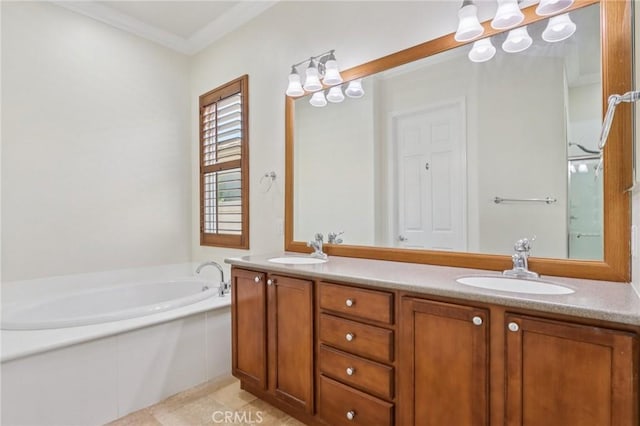 5136 Via Bajamar, Hemet, CA 92545 - full bathroom featuring a garden tub, double vanity, tile patterned floors, and crown molding