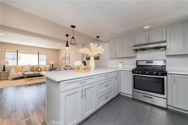 1223 S Golden W Ave Unit F, Arcadia, CA 91007 - kitchen featuring stainless steel gas range, under cabinet range hood, a peninsula, light countertops, and recessed lighting