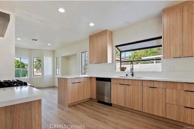 18134 Chase St, Northridge, CA 91325 - kitchen with dishwasher, a peninsula, light wood finished floors, light countertops, and healthy amount of natural light
