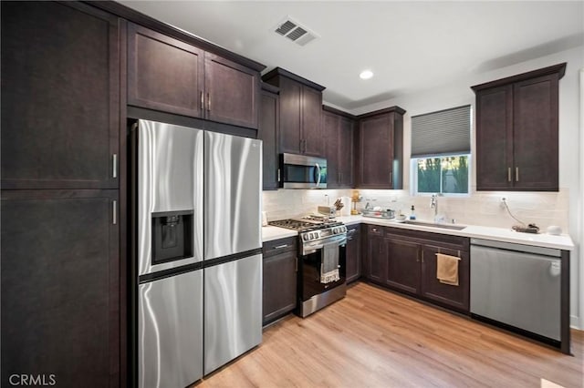 1742 Heywood St Unit C, Simi Valley, CA 93065 - kitchen with stainless steel appliances, light wood-type flooring, tasteful backsplash, dark brown cabinetry, and recessed lighting