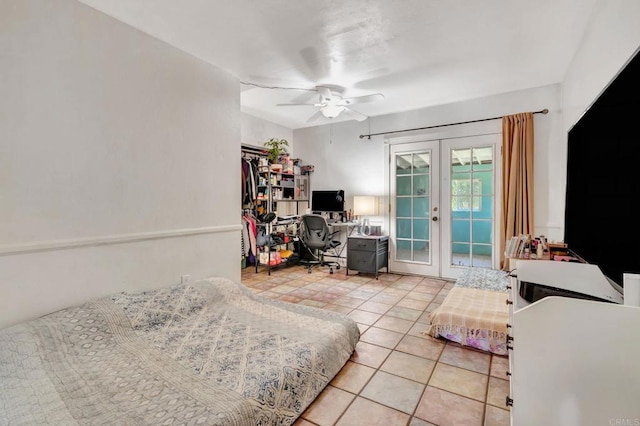 133 Lotus Dr, Chula Vista, CA 91911 - tiled bedroom with french doors, an office area, access to exterior, and a ceiling fan