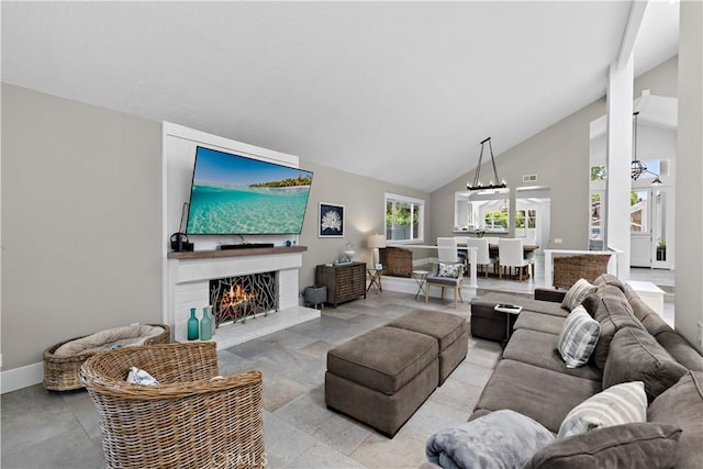 1119 Grove Ln, Newport Beach, CA 92660 - living room with a warm lit fireplace and high vaulted ceiling