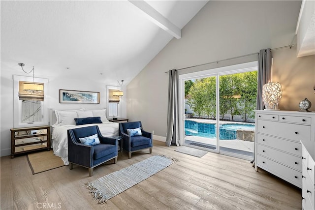 1119 Grove Ln, Newport Beach, CA 92660 - bedroom with access to exterior, wood finished floors, beamed ceiling, and high vaulted ceiling