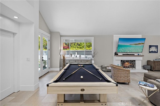 1119 Grove Ln, Newport Beach, CA 92660 - game room with billiards, a warm lit fireplace, and vaulted ceiling