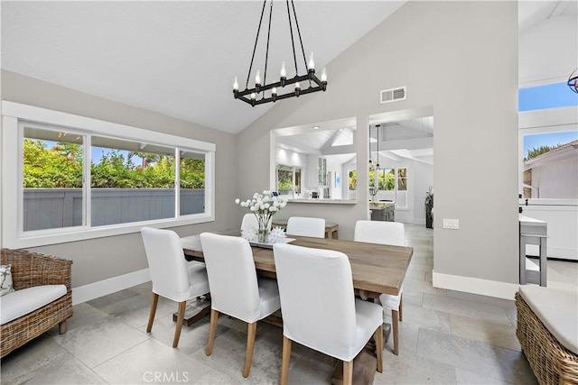 1119 Grove Ln, Newport Beach, CA 92660 - dining space featuring high vaulted ceiling and a chandelier