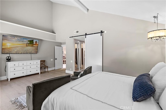 1119 Grove Ln, Newport Beach, CA 92660 - bedroom with wood finished floors, beamed ceiling, a chandelier, a barn door, and high vaulted ceiling