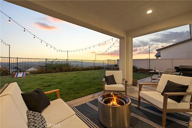 28537 Daybreak Way, Saugus, CA 91350 - patio terrace at dusk featuring a fire pit and a patio