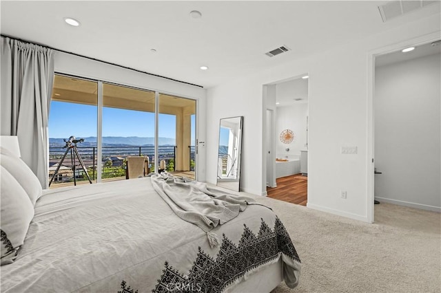 28537 Daybreak Way, Saugus, CA 91350 - bedroom featuring a mountain view, access to exterior, carpet, recessed lighting, and ensuite bathroom