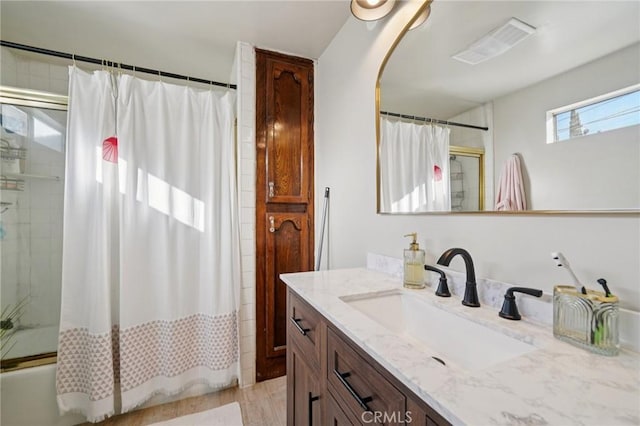 4435 Los Serranos Blvd, Chino Hills, CA 91709 - full bath featuring vanity, wood finished floors, and shower / bath combination with curtain