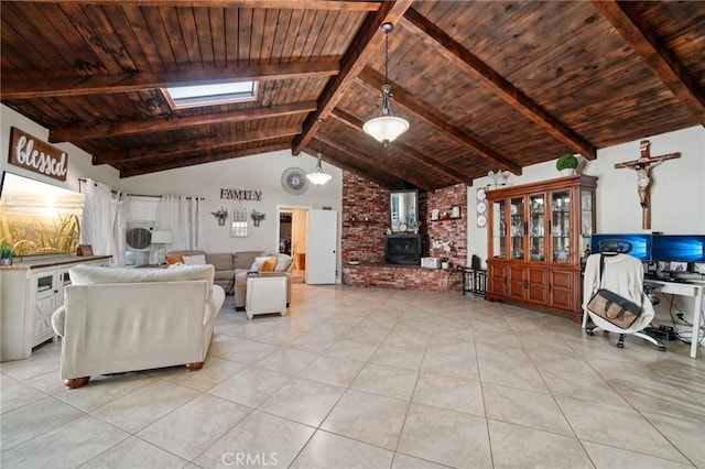 4435 Los Serranos Blvd, Chino Hills, CA 91709 - living area featuring a skylight, wooden ceiling, light tile patterned floors, brick wall, and a wood stove