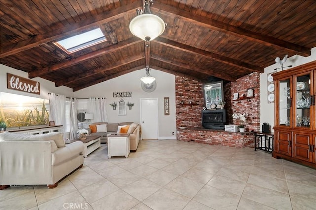 4435 Los Serranos Blvd, Chino Hills, CA 91709 - living area featuring a skylight, light tile patterned floors, wooden ceiling, a wood stove, and healthy amount of natural light