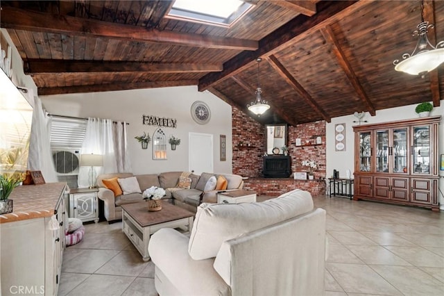4435 Los Serranos Blvd, Chino Hills, CA 91709 - living area with a wood stove, wood ceiling, and light tile patterned floors