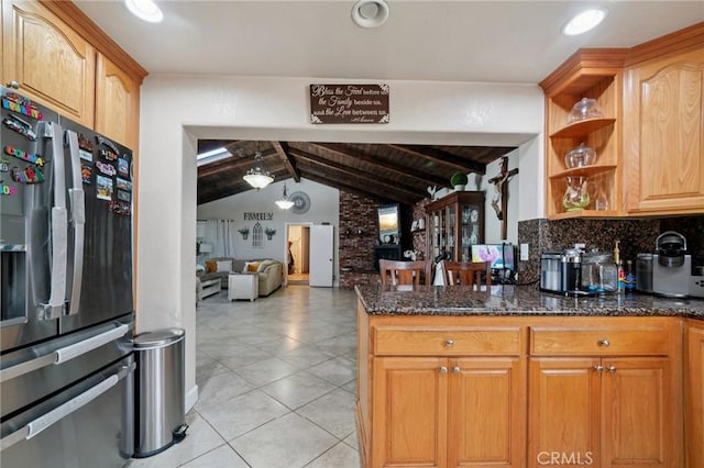 4435 Los Serranos Blvd, Chino Hills, CA 91709 - kitchen with stainless steel fridge, light tile patterned floors, open shelves, dark stone counters, and decorative backsplash