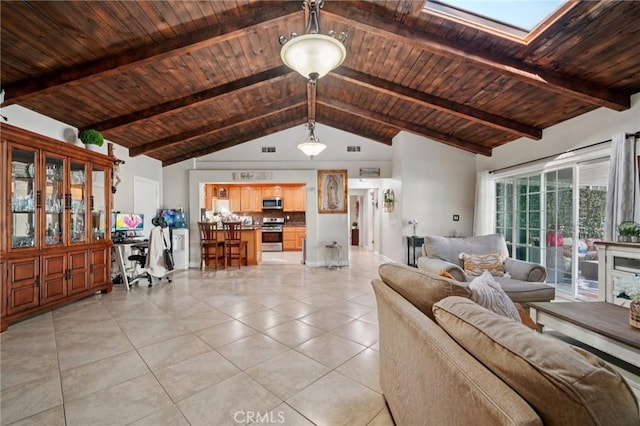 4435 Los Serranos Blvd, Chino Hills, CA 91709 - living room featuring wooden ceiling, light tile patterned floors, and a skylight
