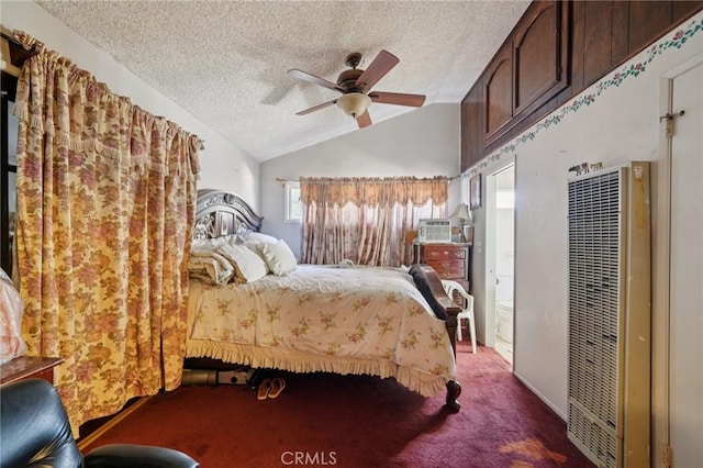 4435 Los Serranos Blvd, Chino Hills, CA 91709 - bedroom featuring a heating unit, a textured ceiling, dark colored carpet, vaulted ceiling, and ceiling fan