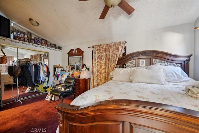 4435 Los Serranos Blvd, Chino Hills, CA 91709 - bedroom with a textured ceiling, carpet floors, a closet, lofted ceiling, and a ceiling fan