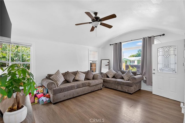 8627 John Ave, Los Angeles, CA 90002 - living room with vaulted ceiling, healthy amount of natural light, ceiling fan, and wood finished floors