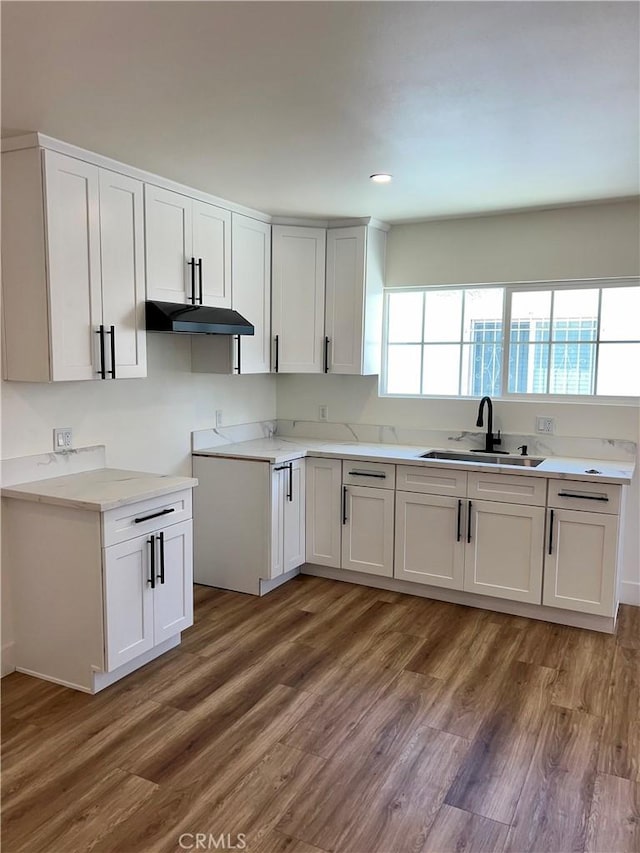 1737 W 65th Pl, Los Angeles, CA 90047 - kitchen featuring wood finished floors, light countertops, white cabinetry, under cabinet range hood, and recessed lighting