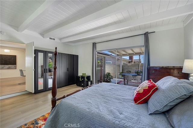 14453 Watkins Dr, La Mirada, CA 90638 - bedroom featuring beam ceiling, light wood-type flooring, access to outside, and french doors