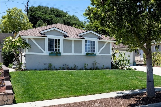 14453 Watkins Dr, La Mirada, CA 90638 - ranch-style home featuring a garage, stucco siding, a front yard, driveway, and roof with shingles