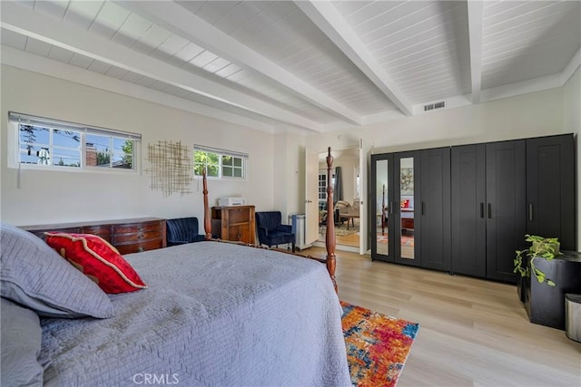 14453 Watkins Dr, La Mirada, CA 90638 - bedroom with beamed ceiling, light wood-style floors, and access to outside
