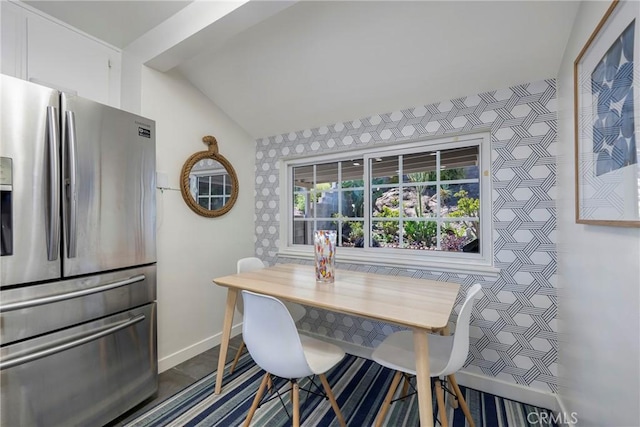 14453 Watkins Dr, La Mirada, CA 90638 - dining room featuring vaulted ceiling and wallpapered walls