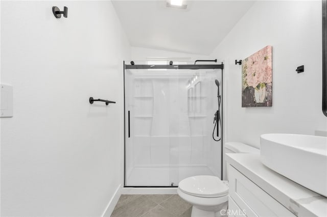5619 Daisy Ave Unit 29, Palms, CA 92277 - bathroom featuring lofted ceiling, a stall shower, and vanity