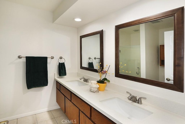1419 W 179th St Unit 3, Gardena, CA 90248 - bathroom featuring double vanity, tile patterned floors, recessed lighting, and a shower with door