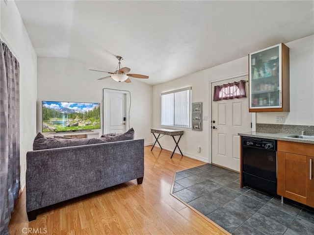 14719 Juniper St, Hesperia, CA 92345 - living room featuring dark wood finished floors, a ceiling fan, and lofted ceiling