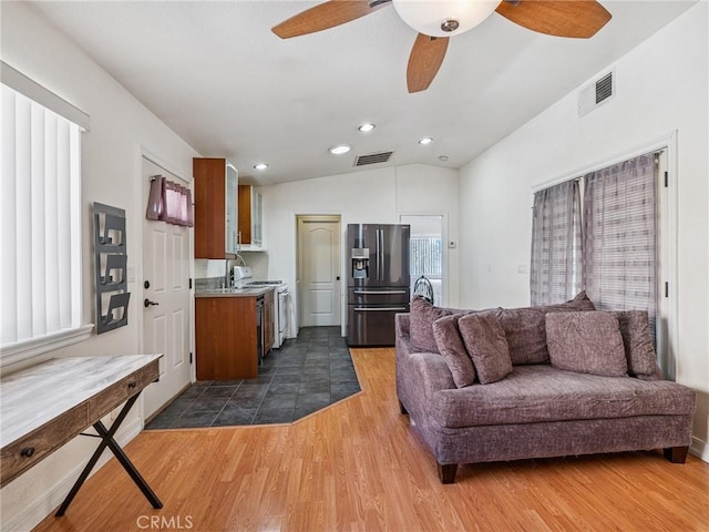 14719 Juniper St, Hesperia, CA 92345 - living area with wood finished floors, a ceiling fan, lofted ceiling, and recessed lighting
