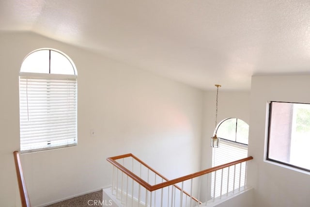 1387 Sycamore Ln, San Bernardino, CA 92408 - staircase with a textured ceiling, lofted ceiling, and carpet flooring