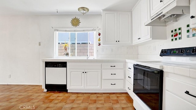 11542 Luzon St, Cypress, CA 90630 - kitchen with electric range oven, white dishwasher, white cabinetry, tile counters, and under cabinet range hood