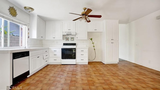 11542 Luzon St, Cypress, CA 90630 - kitchen featuring white appliances, ceiling fan, under cabinet range hood, light countertops, and white cabinetry