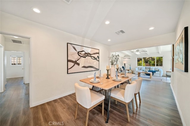 12218 Academy Way, Artesia, CA 90701 - dining room featuring wood finished floors, ceiling fan, recessed lighting, and beamed ceiling