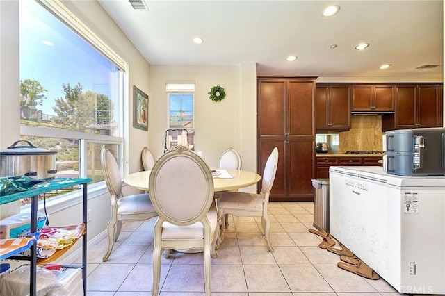 18977 Phelham Way, Yorba Linda, CA 92886 - kitchen featuring recessed lighting, tasteful backsplash, light tile patterned floors, and stainless steel gas stovetop