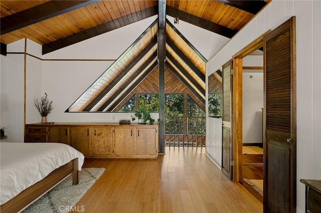 28645 Shenandoah Dr, Lake Arrowhead, CA 92352 - bedroom with multiple windows, light wood-type flooring, and wooden ceiling