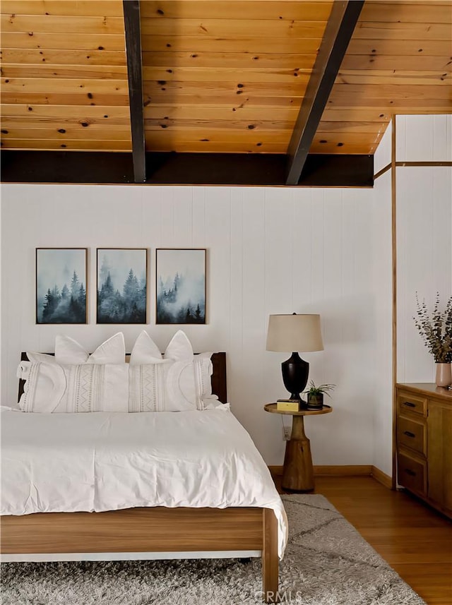28645 Shenandoah Dr, Lake Arrowhead, CA 92352 - bedroom featuring a wood ceiling with exposed beams and wood finished floors