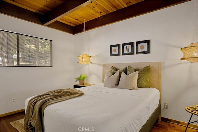 28645 Shenandoah Dr, Lake Arrowhead, CA 92352 - bedroom featuring a wooden ceiling with exposed beams and wood finished floors