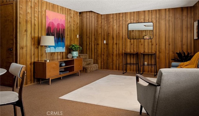 28645 Shenandoah Dr, Lake Arrowhead, CA 92352 - sitting room with wood walls, carpet flooring, and a textured ceiling