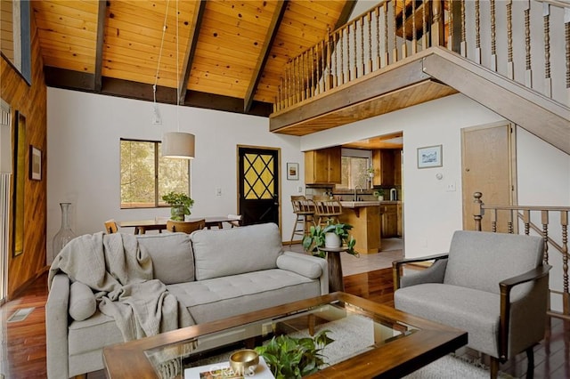 28645 Shenandoah Dr, Lake Arrowhead, CA 92352 - living area featuring high vaulted ceiling, healthy amount of natural light, wood finished floors, and a wood ceiling with exposed beams