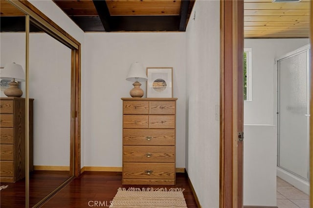 28645 Shenandoah Dr, Lake Arrowhead, CA 92352 - bedroom featuring wood ceiling, a closet, and wood finished floors