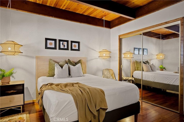 28645 Shenandoah Dr, Lake Arrowhead, CA 92352 - bedroom with a wooden ceiling with exposed beams, hardwood / wood-style floors, and a closet