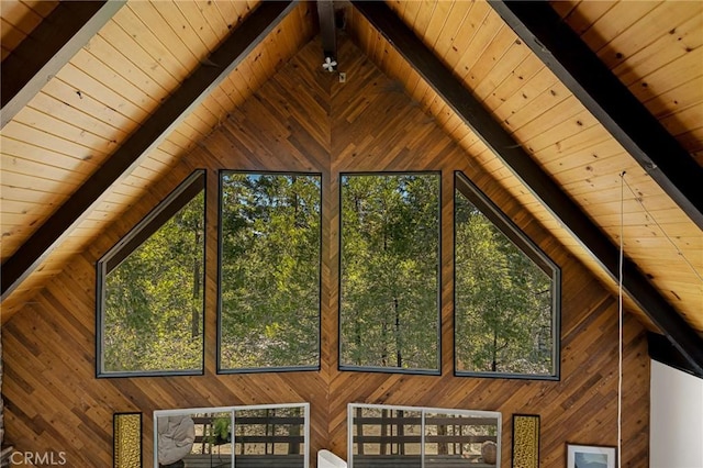 28645 Shenandoah Dr, Lake Arrowhead, CA 92352 - detailed view of wooden walls and a wood ceiling with exposed beams