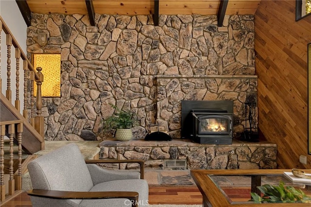 28645 Shenandoah Dr, Lake Arrowhead, CA 92352 - living room featuring a wooden ceiling with exposed beams, stairs, and wooden walls