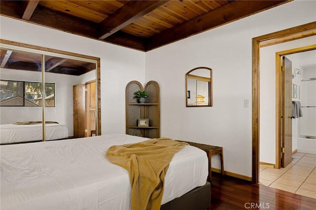 28645 Shenandoah Dr, Lake Arrowhead, CA 92352 - bedroom with a wood ceiling with exposed beams and wood finished floors