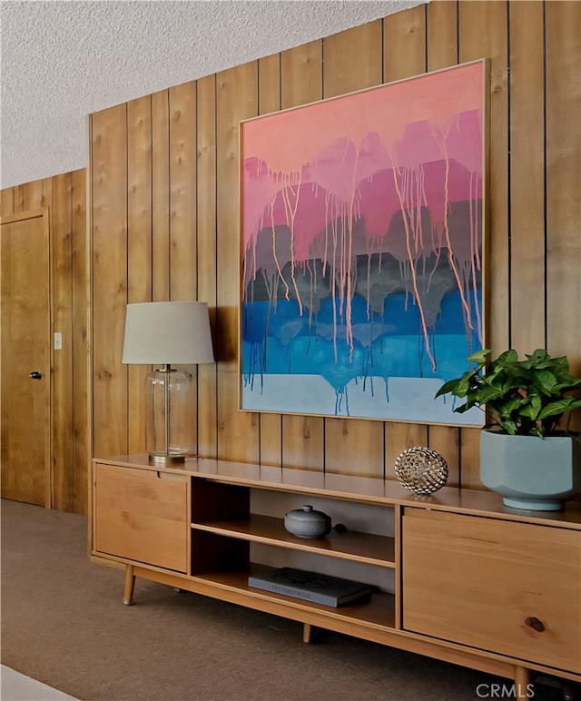 28645 Shenandoah Dr, Lake Arrowhead, CA 92352 - detailed view of wood walls, carpet floors, and a textured ceiling