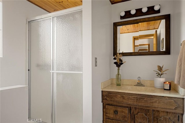 28645 Shenandoah Dr, Lake Arrowhead, CA 92352 - full bathroom featuring a stall shower and vanity