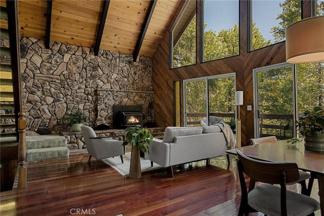 28645 Shenandoah Dr, Lake Arrowhead, CA 92352 - living room with a wooden ceiling with exposed beams, high vaulted ceiling, wood-type flooring, and wooden walls